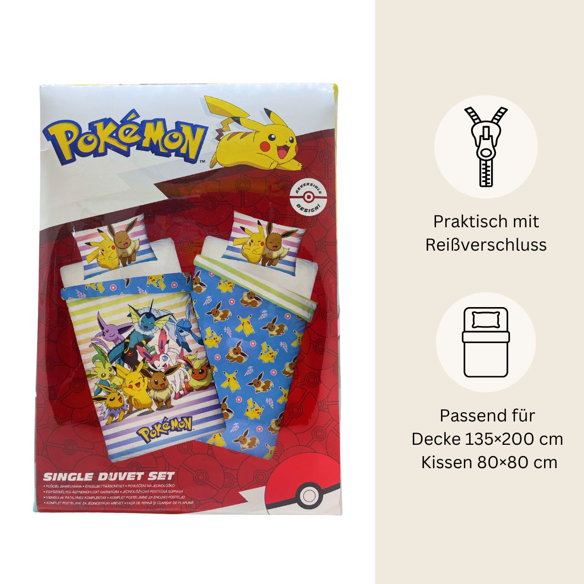 Pokémon Bettwäsche Set für Kinder aus Baumwolle | Passend für Decke 135×200 cm + Kissen 80×80 cm