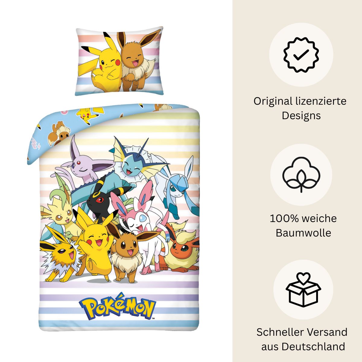 Pokémon Bettwäsche Set für Kinder aus Baumwolle | Passend für Decke 135×200 cm + Kissen 80×80 cm