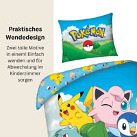 Pokémon Bettwäsche Set „Family Edition“ für Kinder | Baumwolle – Passend für Decke 135×200 cm + Kissen 80×80 cm
