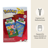 Pokémon Bettwäsche Set „Family Edition“ für Kinder | Baumwolle – Passend für Decke 135×200 cm + Kissen 80×80 cm