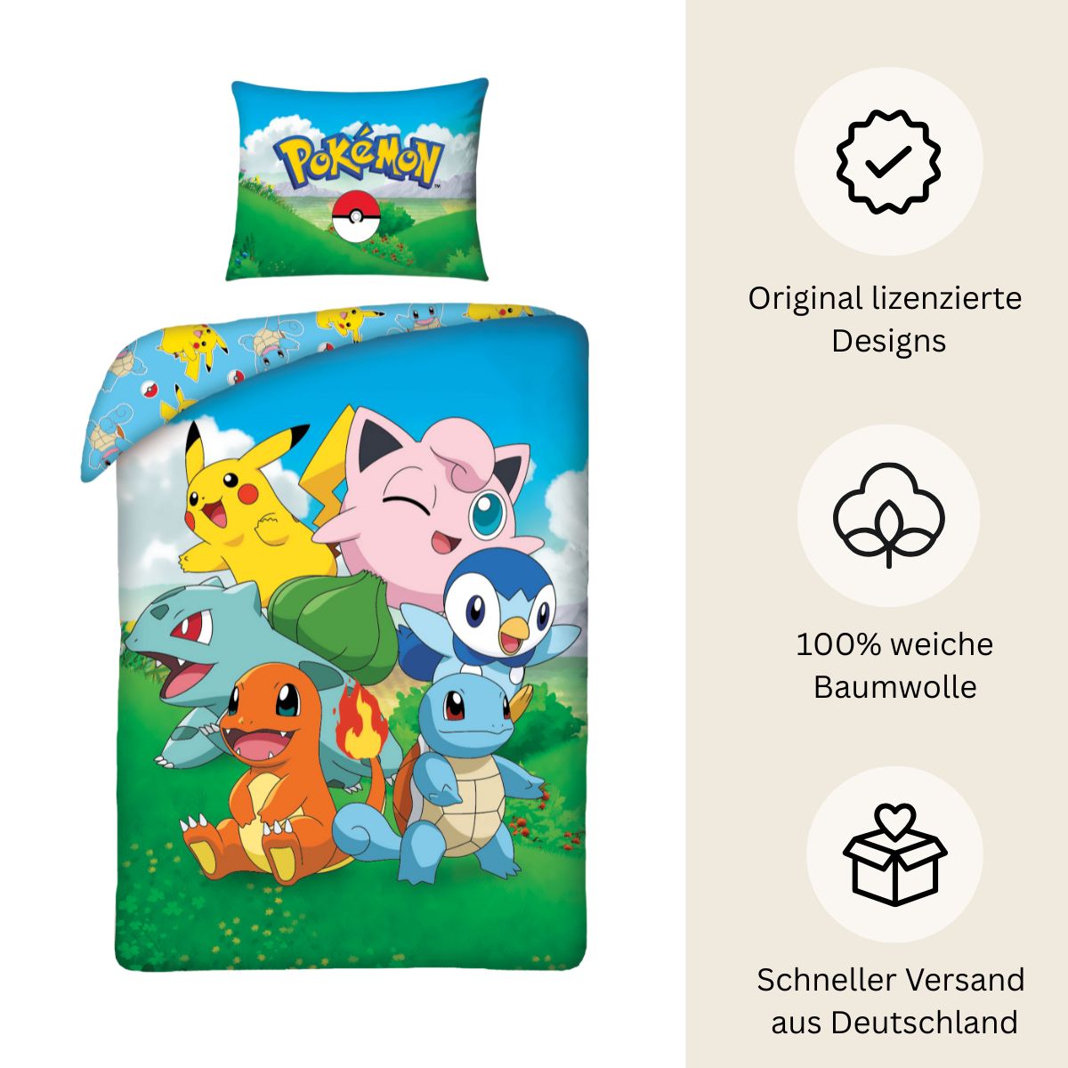 Pokémon Bettwäsche Set „Family Edition“ für Kinder | Baumwolle – Passend für Decke 135×200 cm + Kissen 80×80 cm