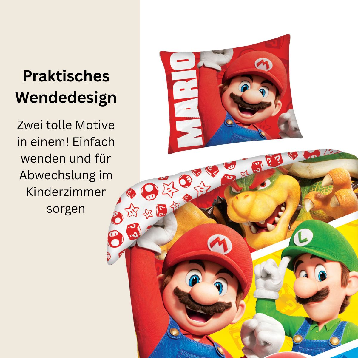 Super Mario Bettwäsche Set für Kinder aus Baumwolle | Passend für Decke 135×200 cm + Kissen 80×80 cm