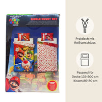 Super Mario Bettwäsche Set für Kinder aus Baumwolle | Passend für Decke 135×200 cm + Kissen 80×80 cm
