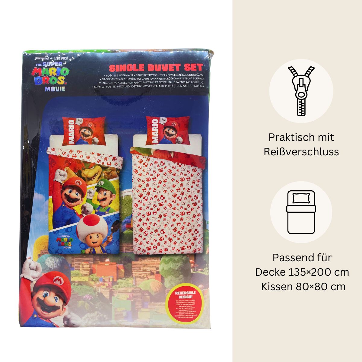 Super Mario Bettwäsche Set für Kinder aus Baumwolle | Passend für Decke 135×200 cm + Kissen 80×80 cm