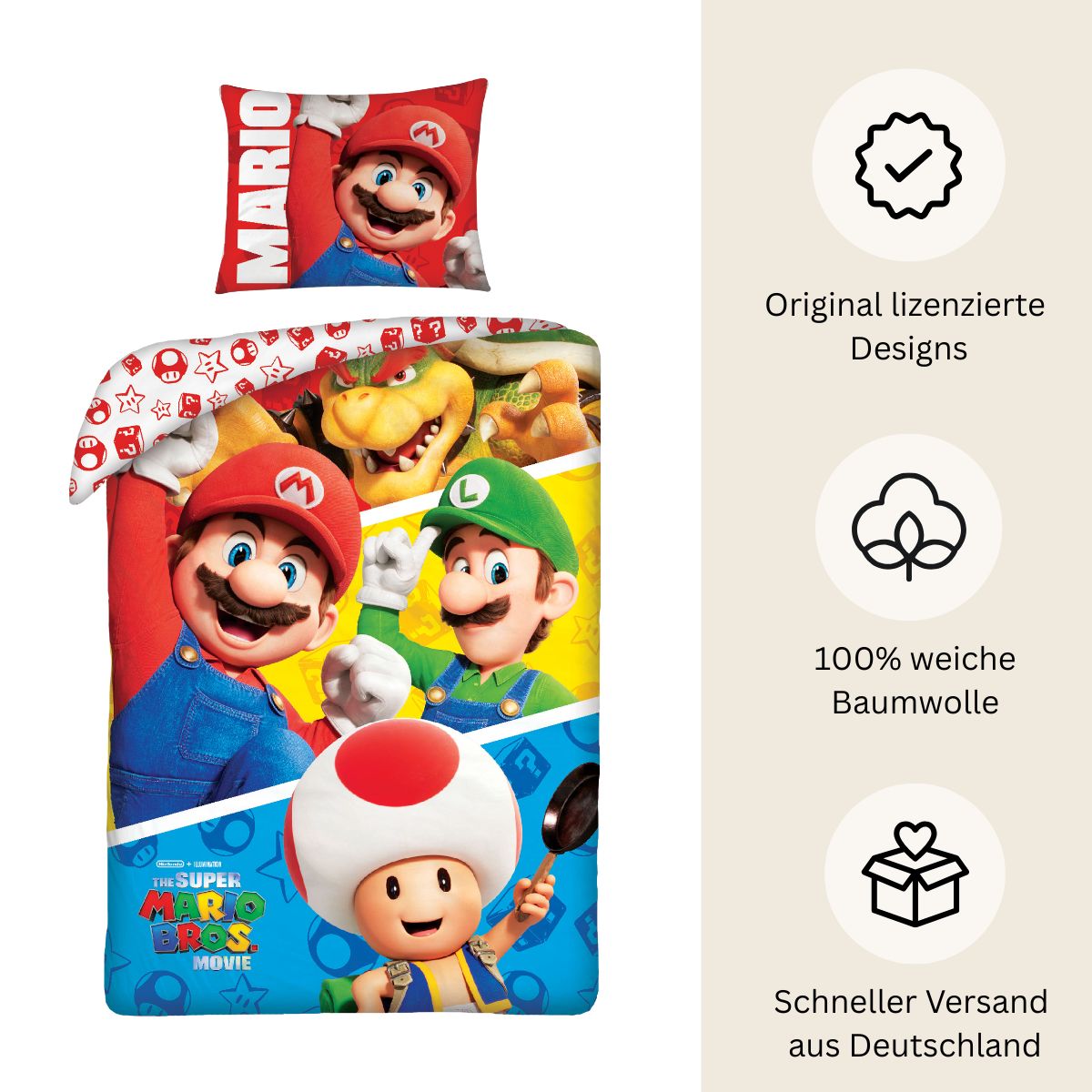 Super Mario Bettwäsche Set für Kinder aus Baumwolle | Passend für Decke 135×200 cm + Kissen 80×80 cm