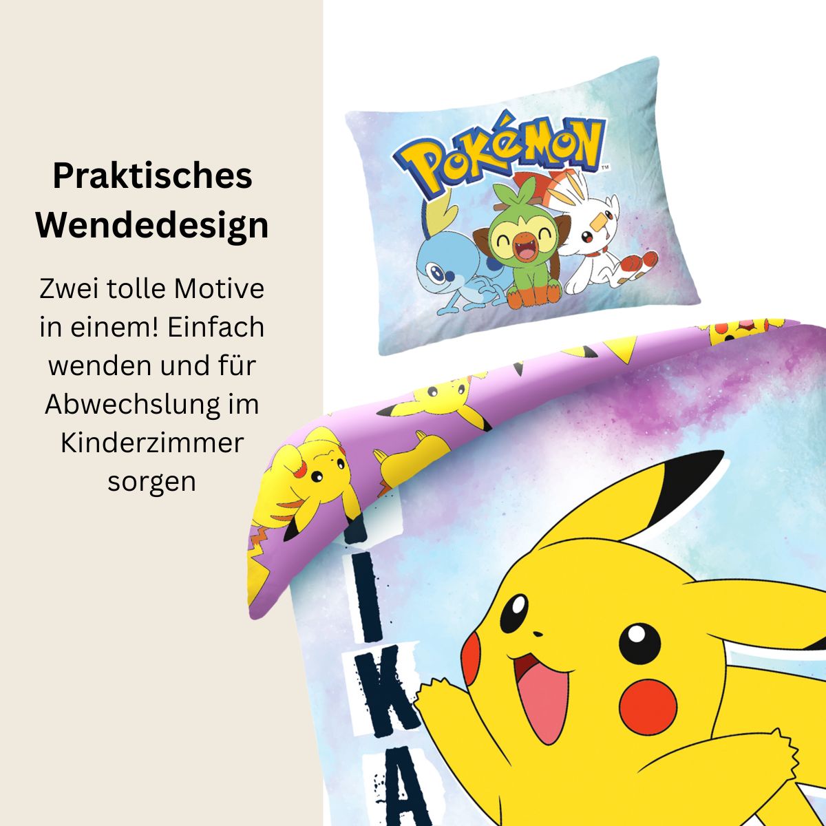 Pokémon Bettwäsche Set für Kinder mit Pikachu | Baumwolle – Passend für Decke 135×200 cm + Kissen 80×80 cm