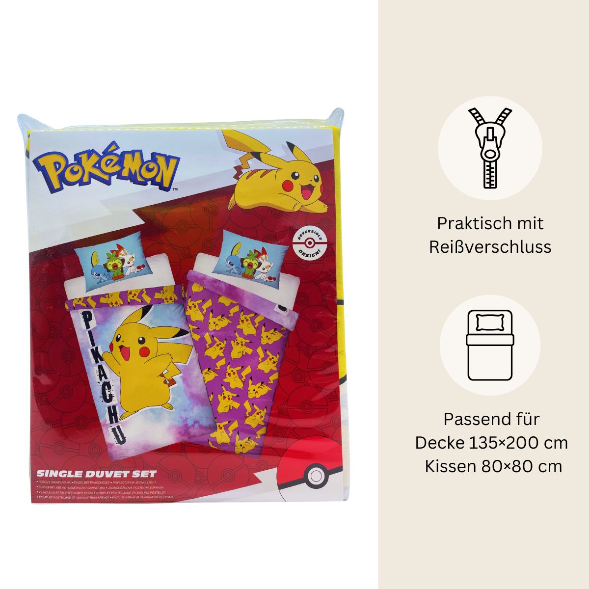 Pokémon Bettwäsche Set für Kinder mit Pikachu | Baumwolle – Passend für Decke 135×200 cm + Kissen 80×80 cm