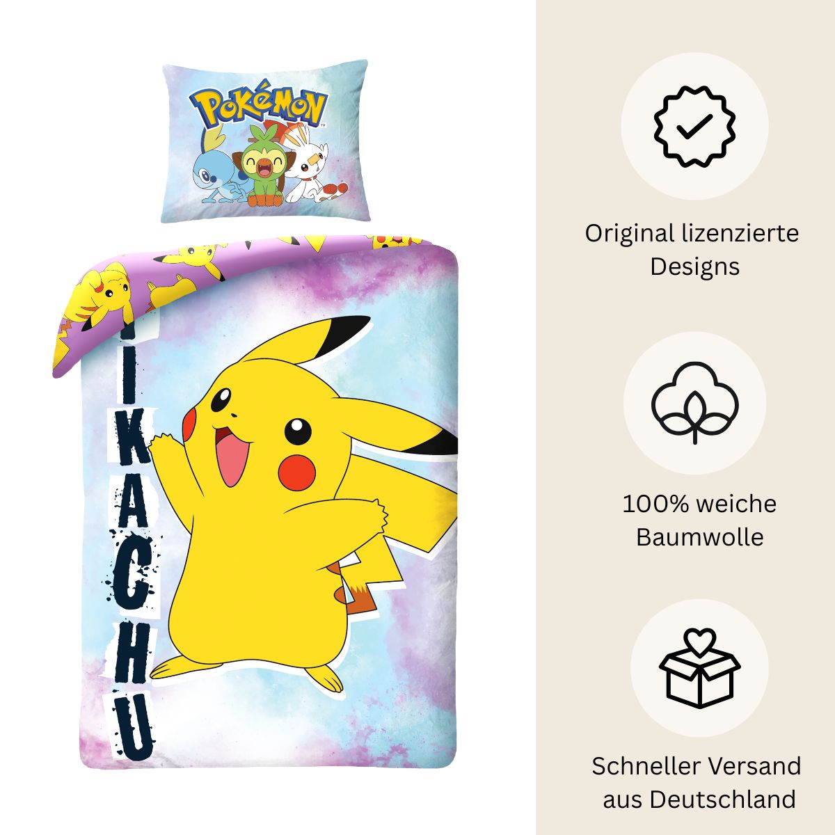 Pokémon Bettwäsche Set für Kinder mit Pikachu | Baumwolle – Passend für Decke 135×200 cm + Kissen 80×80 cm