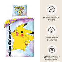 Pokémon Bettwäsche Set für Kinder mit Pikachu | Baumwolle – Passend für Decke 135×200 cm + Kissen 80×80 cm
