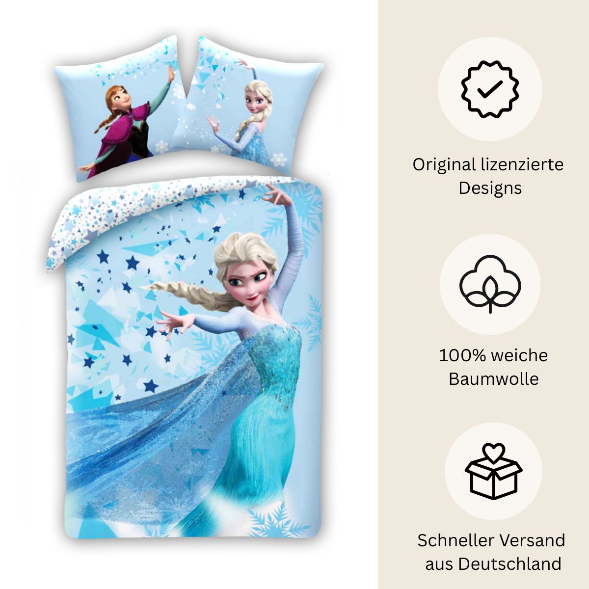 Disney Frozen Bettwäsche Set für Kinder aus Baumwolle Elsa & Anna | Passend für Decke 135×200 cm + Kissen 80×80 cm