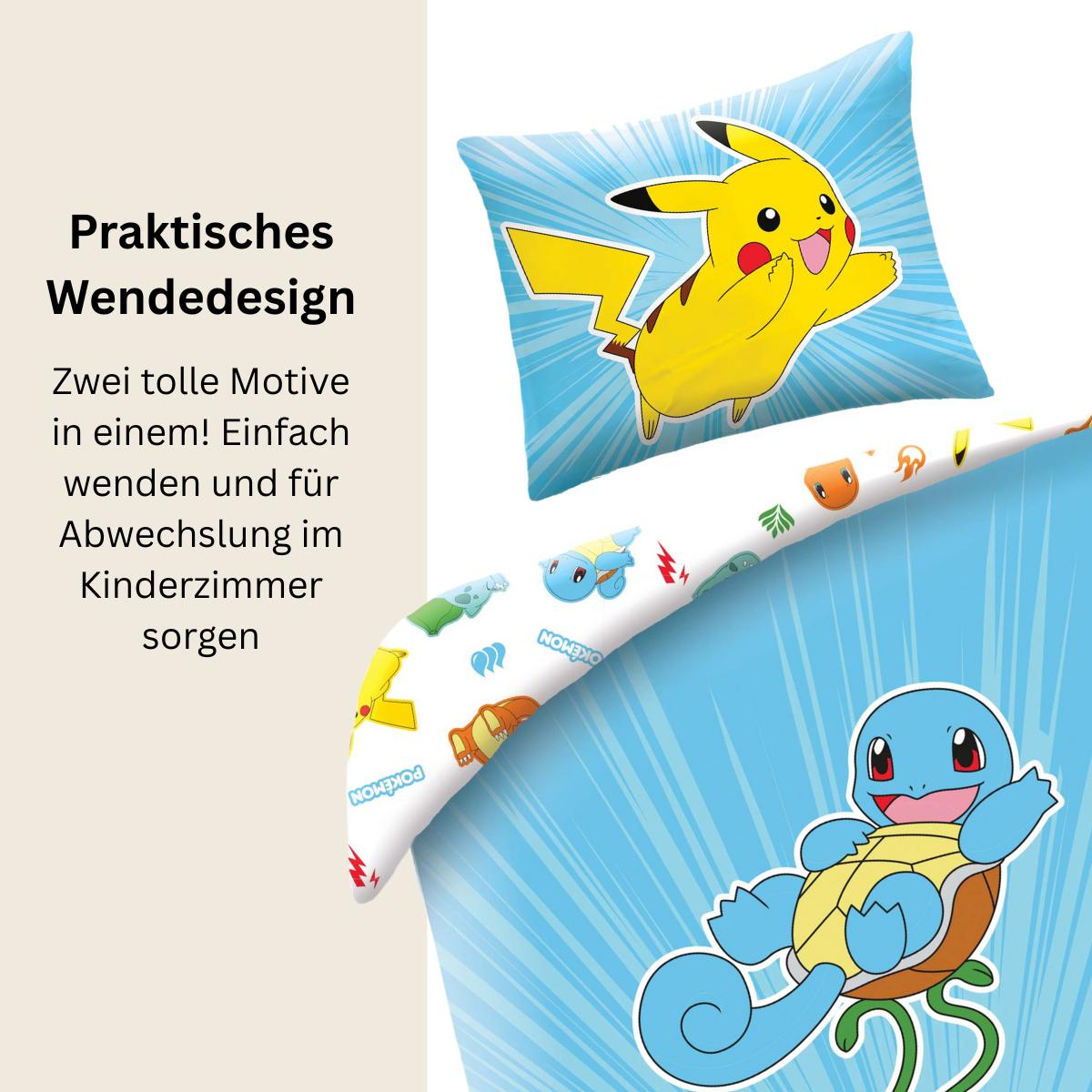 Pokémon Bettwäsche Set für Kinder | Passend für Decke 135×200 cm + Kissen 80×80 cm | Mikrofaser