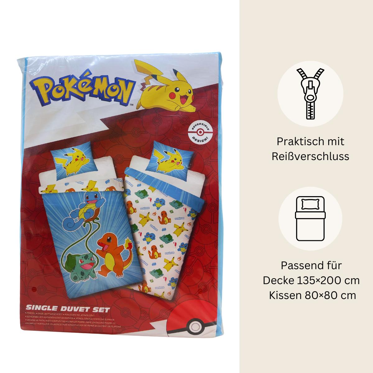 Pokémon Bettwäsche Set für Kinder | Passend für Decke 135×200 cm + Kissen 80×80 cm | Mikrofaser
