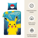 Pokémon Bettwäsche Set für Kinder mit Pikachu | Baumwolle – Passend für Decke 135×200 cm + Kissen 80×80 cm