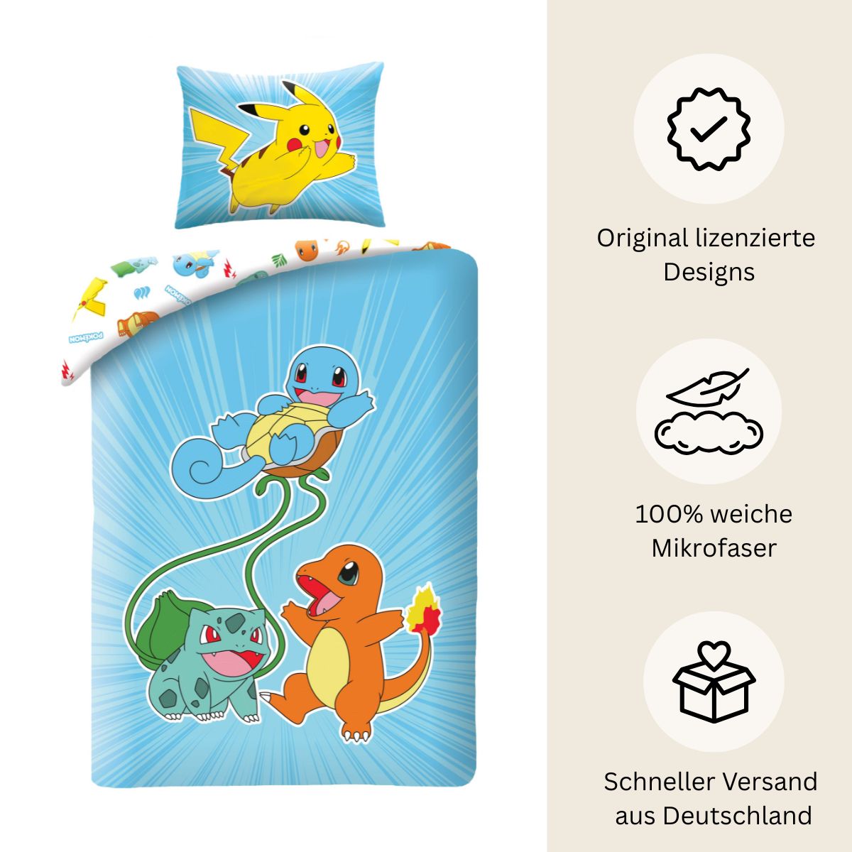 Pokémon Bettwäsche Set für Kinder | Passend für Decke 135×200 cm + Kissen 80×80 cm | Mikrofaser