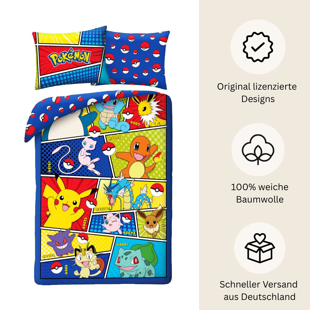 Pokémon Bettwäsche Set für Kinder | Baumwolle – Passend für Decke 135×200 cm + Kissen 80×80 cm