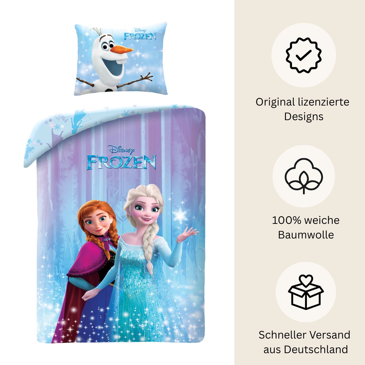 Disney Frozen Bettwäsche Set für Kinder aus Baumwolle | Elsa & Anna | Passend für Decke 135×200 cm + Kissen 80×80 cm