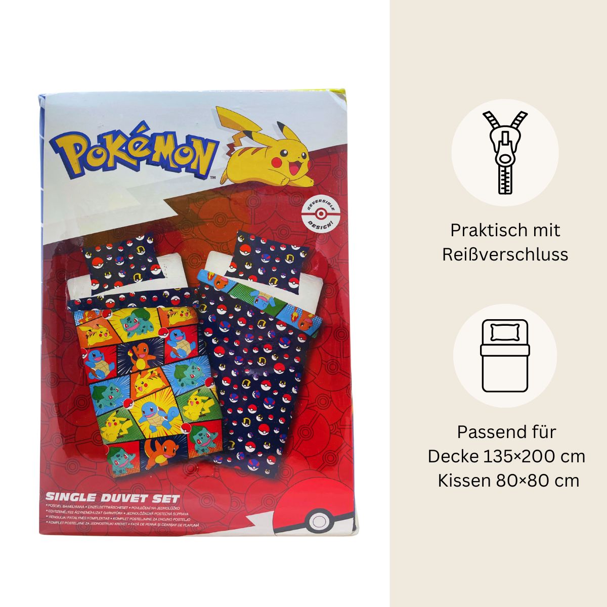 Pokémon Bettwäsche Set für Kinder aus Baumwolle | Passend für Decke 135×200 cm + Kissen 80×80 cm