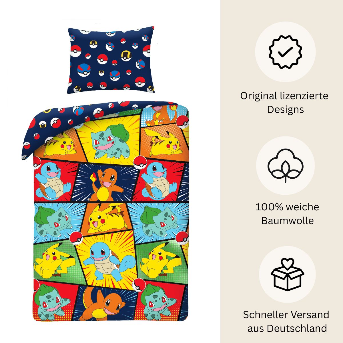 Pokémon Bettwäsche Set für Kinder aus Baumwolle | Passend für Decke 135×200 cm + Kissen 80×80 cm