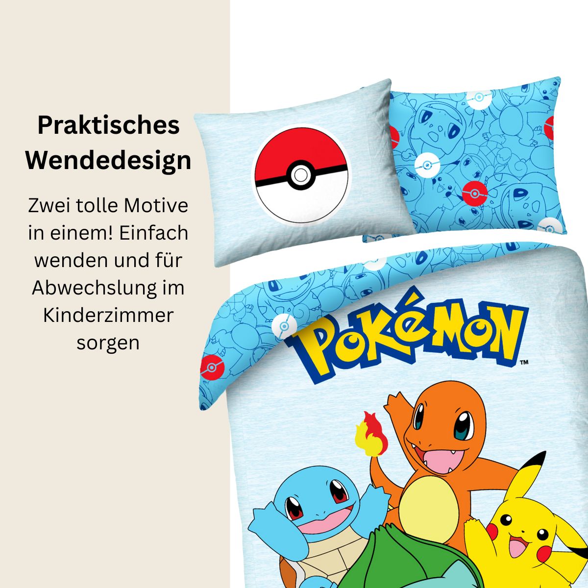 Pokémon Bettwäsche Set „Starters Edition“ für Kinder | Baumwolle – Passend für Decke 135×200 cm + Kissen 80×80 cm