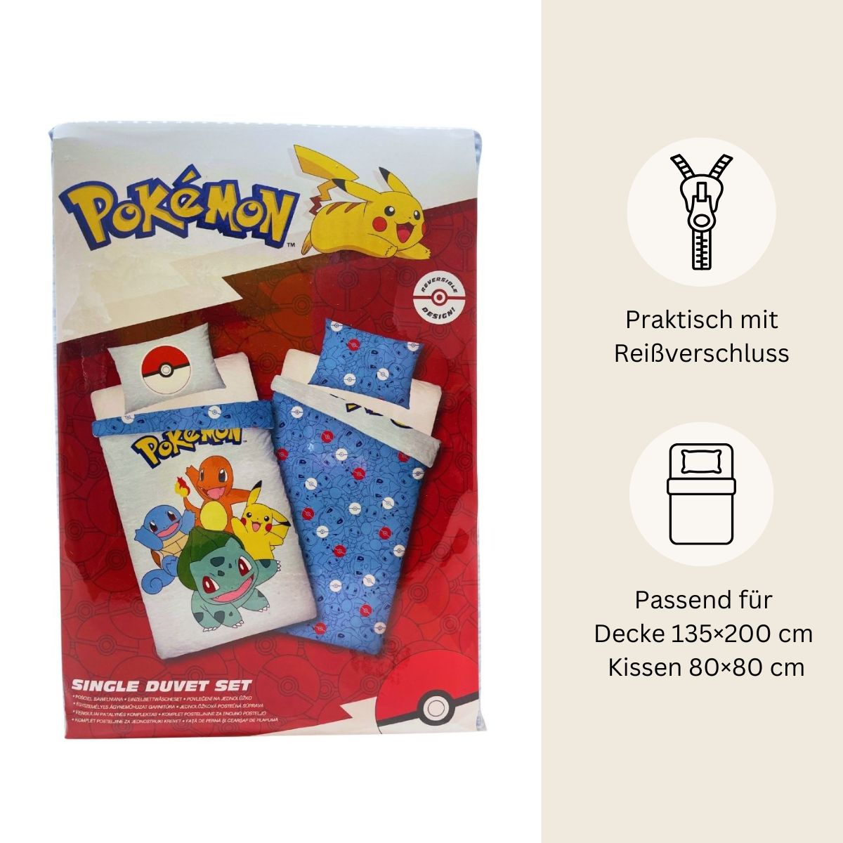 Pokémon Bettwäsche Set „Starters Edition“ für Kinder | Baumwolle – Passend für Decke 135×200 cm + Kissen 80×80 cm
