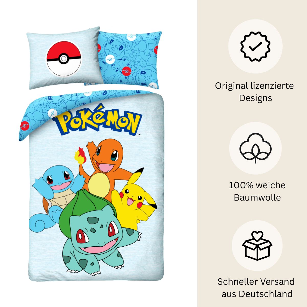 Pokémon Bettwäsche Set „Starters Edition“ für Kinder | Baumwolle – Passend für Decke 135×200 cm + Kissen 80×80 cm