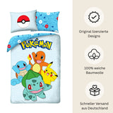 Pokémon Bettwäsche Set „Starters Edition“ für Kinder | Baumwolle – Passend für Decke 135×200 cm + Kissen 80×80 cm